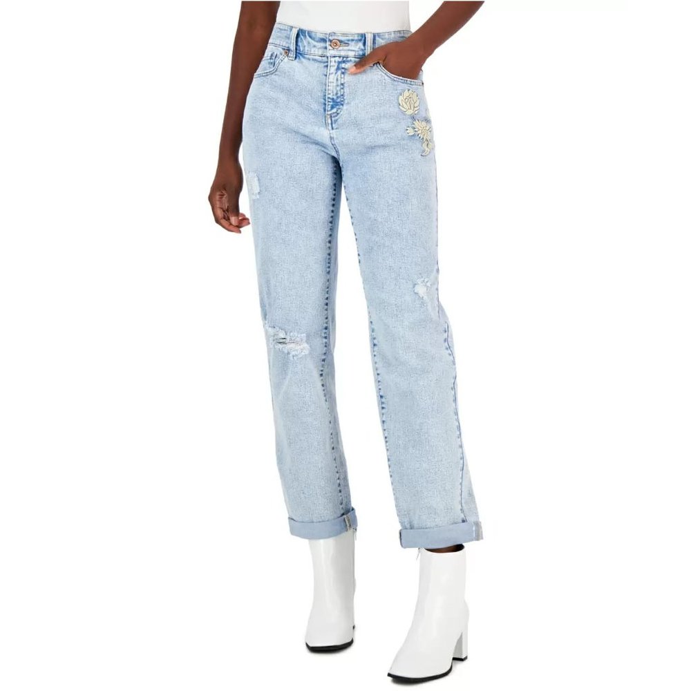 Inc International Concepts Mid-Rise Embroidered Boyfriend Jeans - Lt Indigo